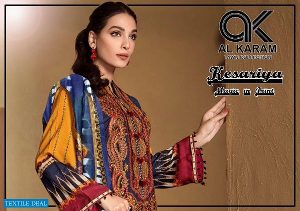 Gul Ahmed Presnets  Al Karam Vol 1 Lawn Kesariya Printed Pakistani Dress Material Wholesale Rate In Surat