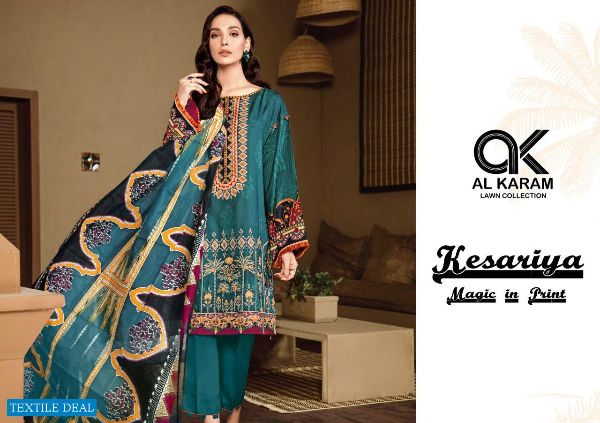 Gul Ahmed Presnets  Al Karam Vol 1 Lawn Kesariya Printed Pakistani Dress Material Wholesale Rate In Surat