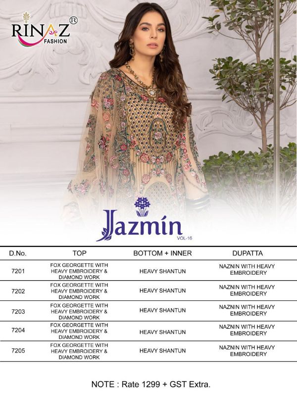 Rinaz Fashion Presnets  Jazmin Vol 16 Pakistani Georgette Embroidery Suits Latest Catalogue Wholesale Rate In Surat