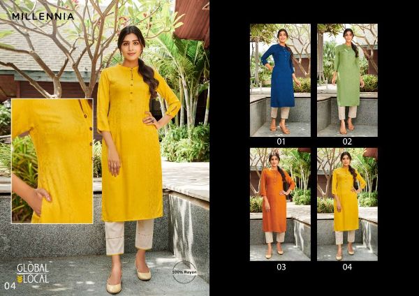100 Miles Presents Global Local Millennia Rayon Fancy Kurti Collection Wholesale Rate In Surat