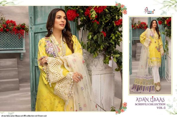 Shree Fabs Presents  Adan Libaas Schiffli Collection Vol 5 Lawn Suit Wholesale Rate In Surat