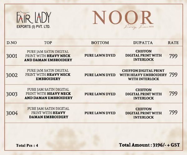 Fair Lady Presnets Noor Jam Satin Festive Look Salwar Suit With Chiffon Dupatta Catalog Wholesale Rate In Surat