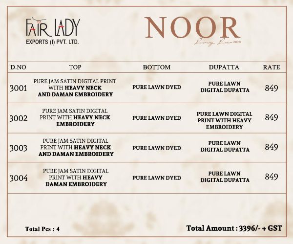 Fair Lady Presnets Noor Jam Satin Festive Look Salwar Suit With Chiffon Dupatta Catalog Wholesale Rate In Surat