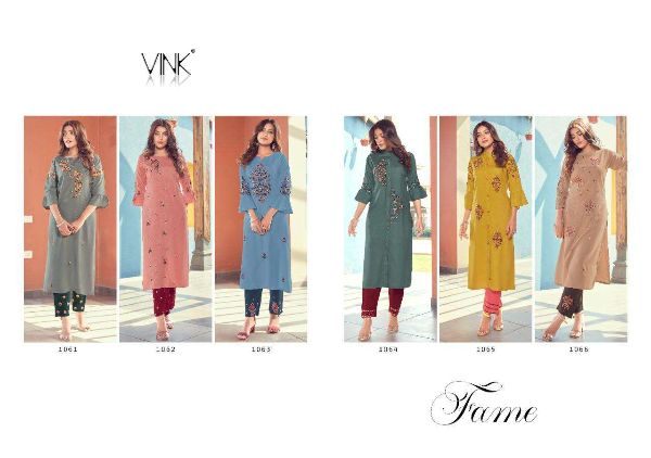 Vink Presnets Fame Rayon Cotton Kurti With Pant Collection Wholesale Rate In Surat