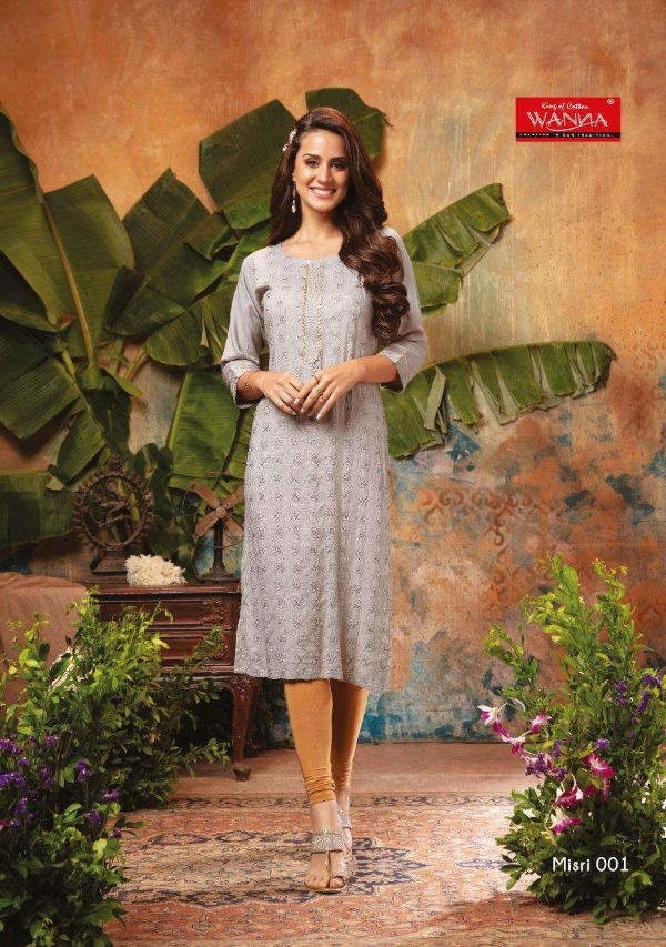 Wanna Presents  Misri  Finest Quality Of Pure Rayon Slub With Sequence Embroidery Kurti Catalog Wholesale Rate In Surat