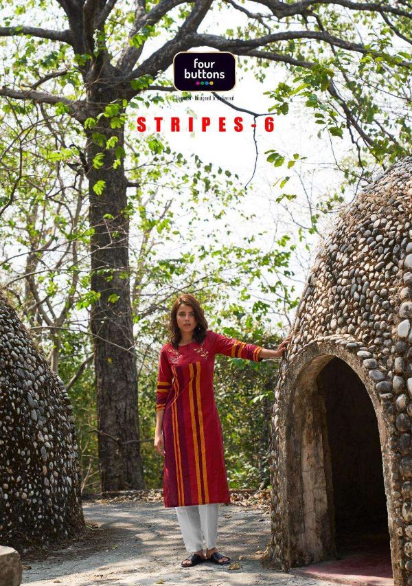 Four Buttons Presents Stripes Vol 6  Woven Cotton Embroidery Designer Kurti Wholesale Rate In Surat