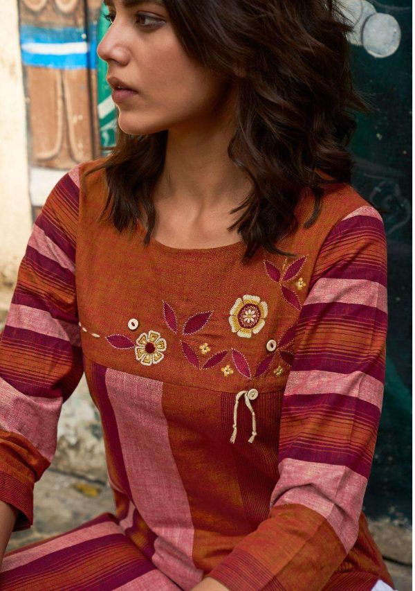 Four Buttons Presents Stripes Vol 6  Woven Cotton Embroidery Designer Kurti Wholesale Rate In Surat