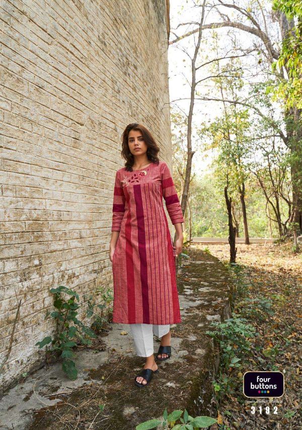 Four Buttons Presents Stripes Vol 6  Woven Cotton Embroidery Designer Kurti Wholesale Rate In Surat