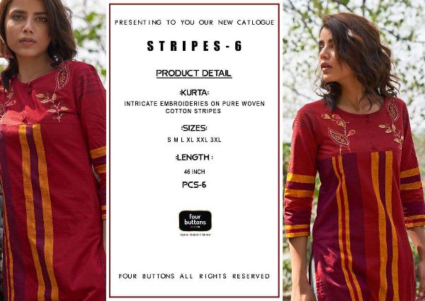 Four Buttons Presents Stripes Vol 6  Woven Cotton Embroidery Designer Kurti Wholesale Rate In Surat