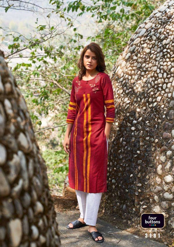 Four Buttons Presents Stripes Vol 6  Woven Cotton Embroidery Designer Kurti Wholesale Rate In Surat