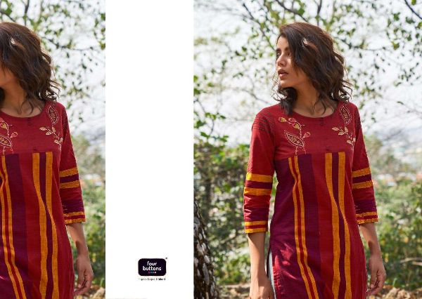 Four Buttons Presents Stripes Vol 6  Woven Cotton Embroidery Designer Kurti Wholesale Rate In Surat