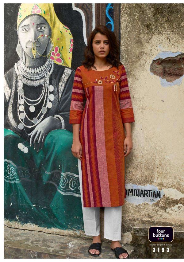 Four Buttons Presents Stripes Vol 6  Woven Cotton Embroidery Designer Kurti Wholesale Rate In Surat