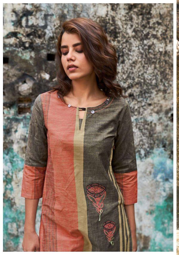 Four Buttons Presents Stripes Vol 6  Woven Cotton Embroidery Designer Kurti Wholesale Rate In Surat