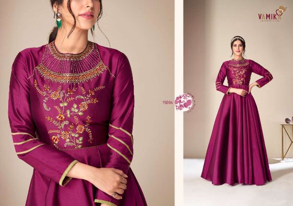 Vamika Presents Rang Mahal Tapeta Silk Long Party Wear Gown Wholesale Rate In Surat