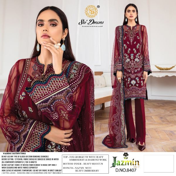 Sai Dresses Present Jazmin Vol-17 Pakistani Fox Georgette Embroidery Suits Latest Catalogue Wholesale Rate In Surat