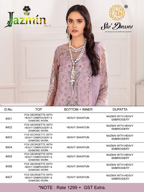 Sai Dresses Present Jazmin Vol-17 Pakistani Fox Georgette Embroidery Suits Latest Catalogue Wholesale Rate In Surat