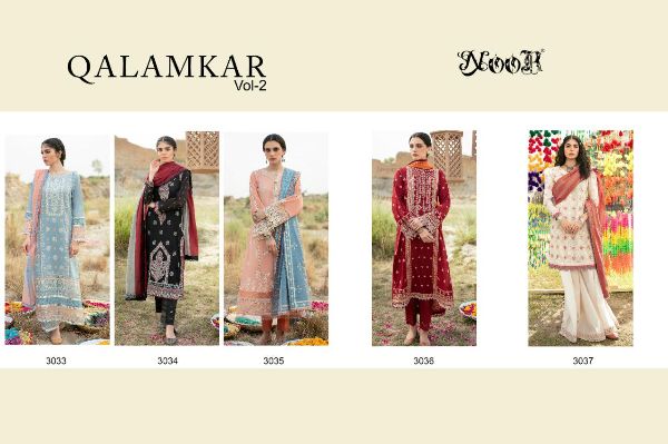 Noor Presents  Qalamkar Vol 2 3033 To 3037 Pakistani Suits Wholesale Rate In Surat