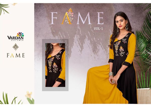 Vardan Designer Presents Fame Vol-1 Heavy Rayon Long Style Fancy Designer Kurtis Wholesale Rate In  Surat