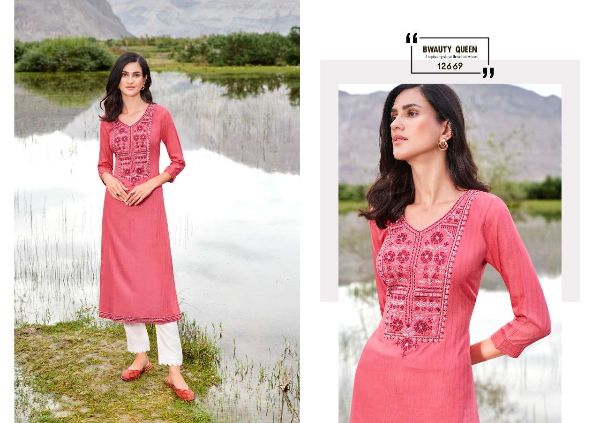 Kalaroop Presents Beat Rayon Embroidery Simple Wear Fancy Kurtis Wholesale Rate In Surat