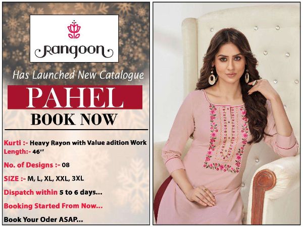 Rangoon Presents  Pahel Rayon Work Simple Wear Fancy Kurtis Wholesale Rate In Surat
