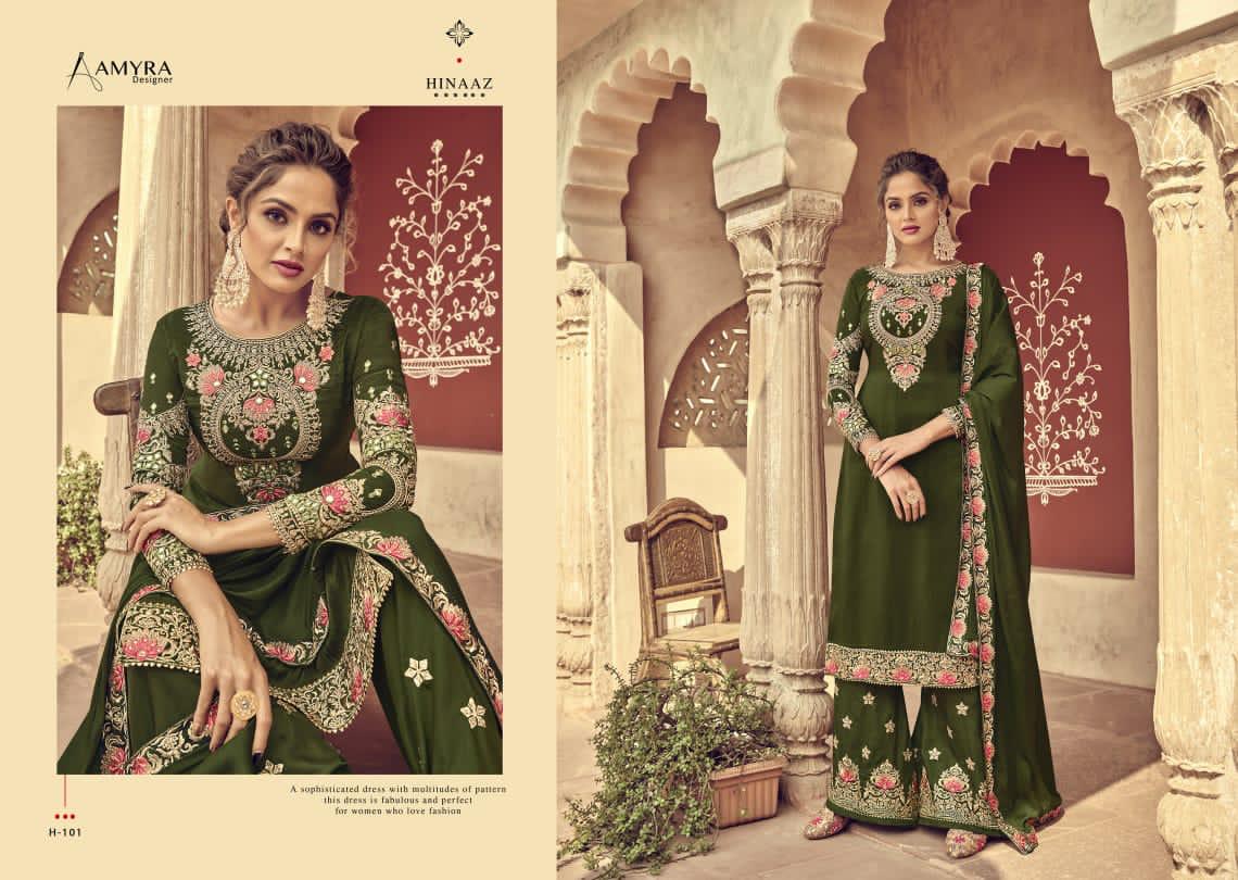 Amyra Designer Presents  Hinaaz Designer Heavy Pure Viscos Upada Silk With Heavy Embroidery Gharara Concepts Salwar Suit Catalog At Wholesale Rate In Surat