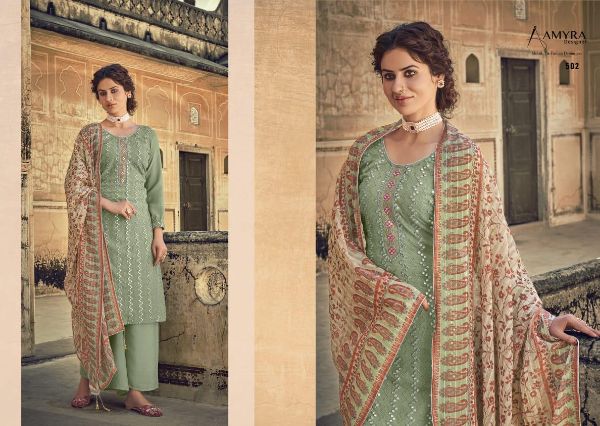 Amyra Designer Presnets  Qalamkar Chinon Silk Fancy Look Embroidered Party Wear Suits Wholesale Rate In Surat