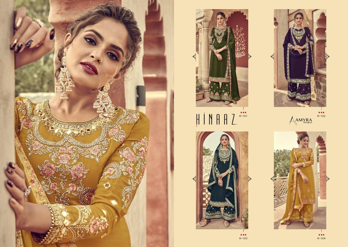 Amyra Designer Presents  Hinaaz Designer Heavy Pure Viscos Upada Silk With Heavy Embroidery Gharara Concepts Salwar Suit Catalog At Wholesale Rate In Surat
