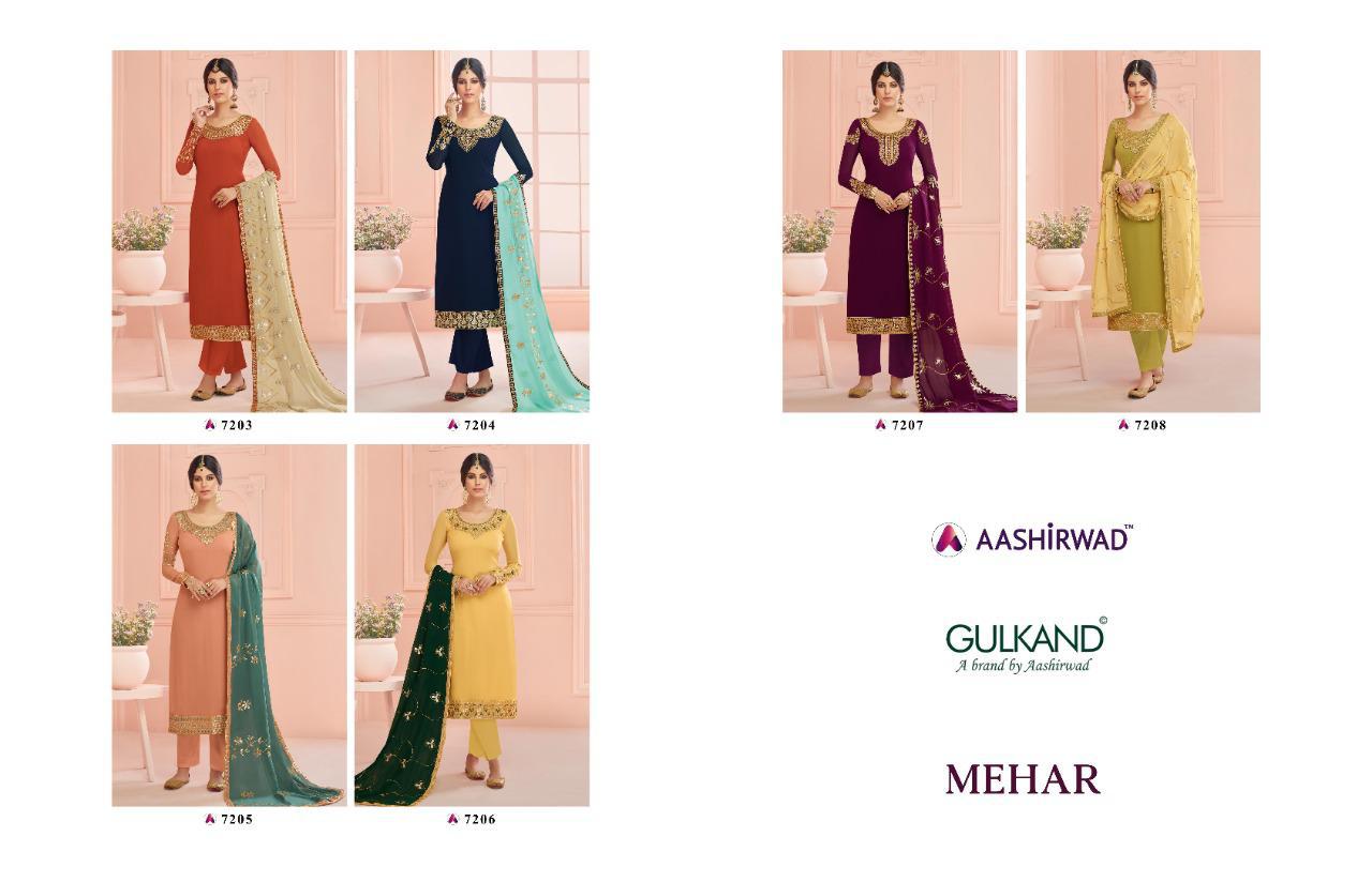 Gulkand Mehar 7203 To 7208 Series Salwar Suits By Aashirwad At Wholesale Rate In Surat