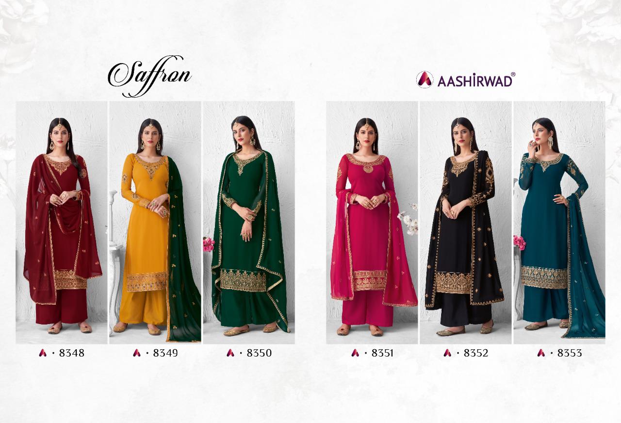 Aashirwad Creation Presents Saffaron Catalogue Of Heavy Dress Material At Wholesale Rate In Surat