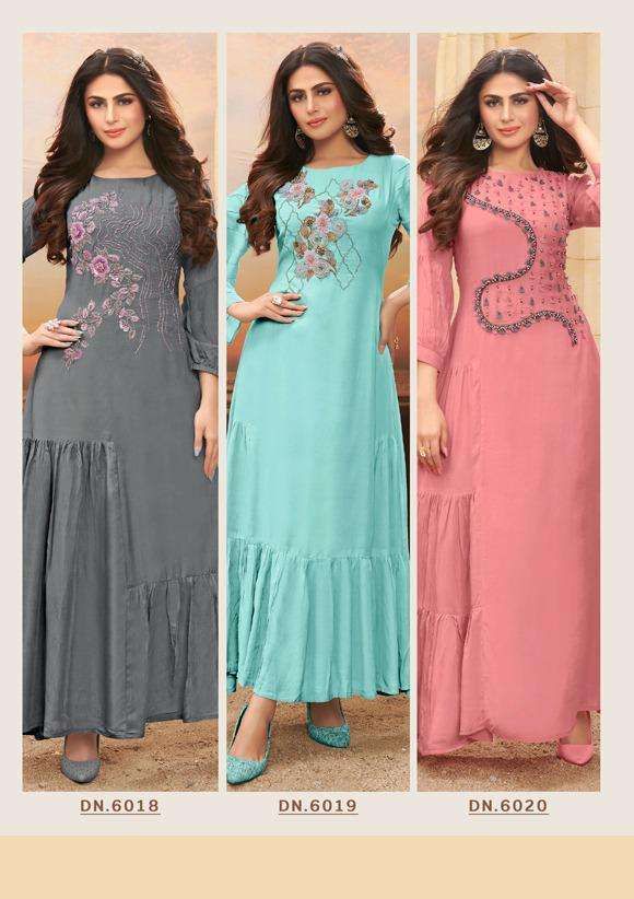 SPAN BY TIPS & TOPS BRAND RAYON HAND WORK AND SEQUENCE WORK WITH GOLD PRINT LONG  GOWN KURTI WHOLESALER AND DEALER