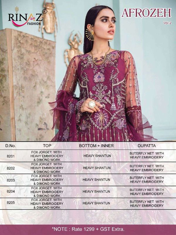 Rinaz Fashion Presnets  Afroze Vol 2 Fancy Pakistani Dress Materials With Heavy Embroidery & Diamond Work Wholesale Rate In Surat