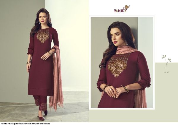 Vamika Presents  Ruhana Pure Viscos Silk Kurti With Pant And Dupatta Wholesale Rate In Surat