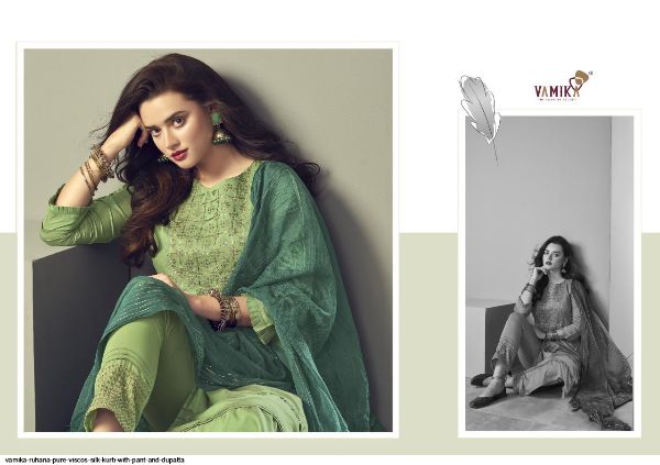 Vamika Presents  Ruhana Pure Viscos Silk Kurti With Pant And Dupatta Wholesale Rate In Surat