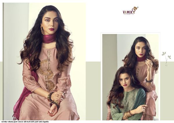 Vamika Presents  Ruhana Pure Viscos Silk Kurti With Pant And Dupatta Wholesale Rate In Surat