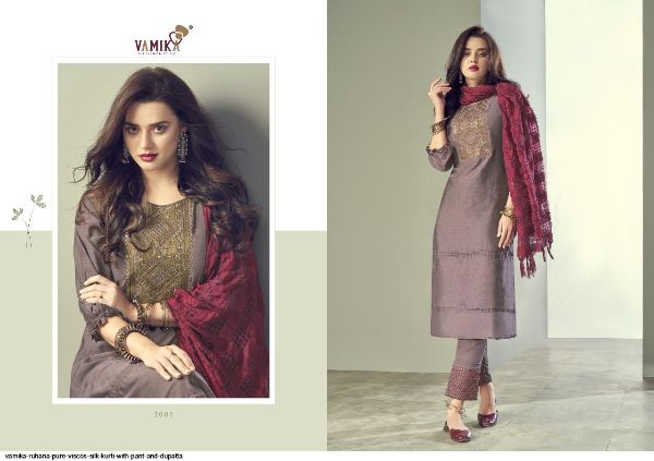 Vamika Presents  Ruhana Pure Viscos Silk Kurti With Pant And Dupatta Wholesale Rate In Surat