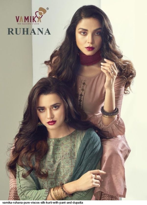 Vamika Presents  Ruhana Pure Viscos Silk Kurti With Pant And Dupatta Wholesale Rate In Surat
