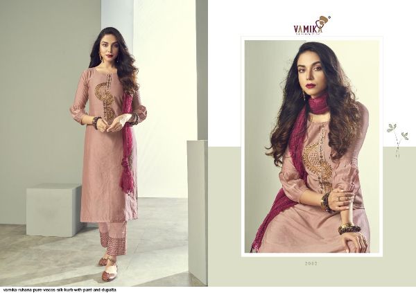 Vamika Presents  Ruhana Pure Viscos Silk Kurti With Pant And Dupatta Wholesale Rate In Surat