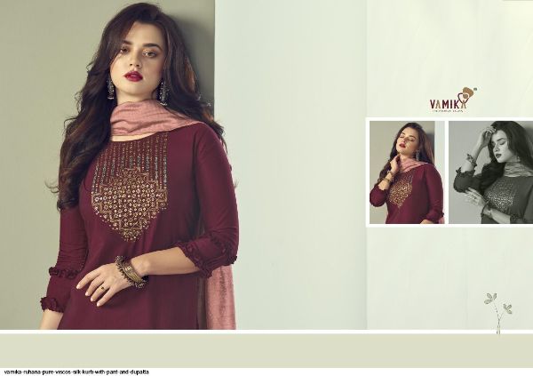 Vamika Presents  Ruhana Pure Viscos Silk Kurti With Pant And Dupatta Wholesale Rate In Surat