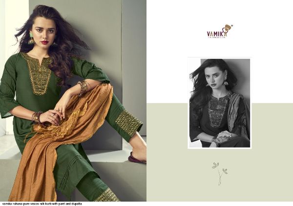 Vamika Presents  Ruhana Pure Viscos Silk Kurti With Pant And Dupatta Wholesale Rate In Surat
