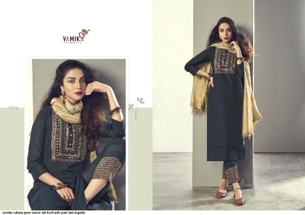Vamika Presents  Ruhana Pure Viscos Silk Kurti With Pant And Dupatta Wholesale Rate In Surat