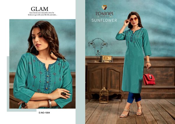 7 Channel Presents Sunflower Cotton Fancy Embroidery Designer Kurtis Wholesale Rate In Surat - Sai Dresses