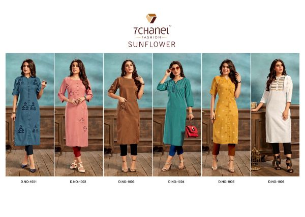 7 Channel Presents Sunflower Cotton Fancy Embroidery Designer Kurtis Wholesale Rate In Surat - Sai Dresses