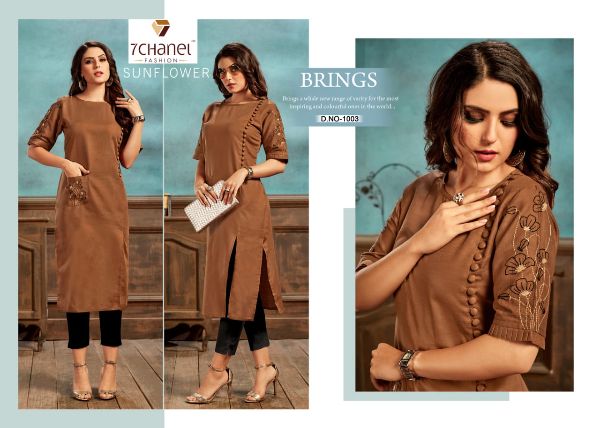 7 Channel Presents Sunflower Cotton Fancy Embroidery Designer Kurtis Wholesale Rate In Surat - Sai Dresses