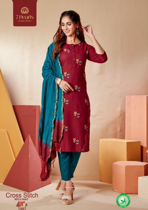 7 Pearls Presnets  Cross Stitch Pure Cotton With Embroidery Work And Other Trims Long Straight Kurtis And Pants Wholesale Rate In Surat - Sai Dresses