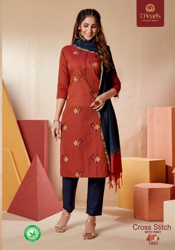 7 Pearls Presnets  Cross Stitch Pure Cotton With Embroidery Work And Other Trims Long Straight Kurtis And Pants Wholesale Rate In Surat - Sai Dresses
