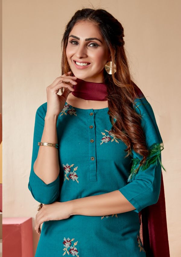 7 Pearls Presnets  Cross Stitch Pure Cotton With Embroidery Work And Other Trims Long Straight Kurtis And Pants Wholesale Rate In Surat - Sai Dresses