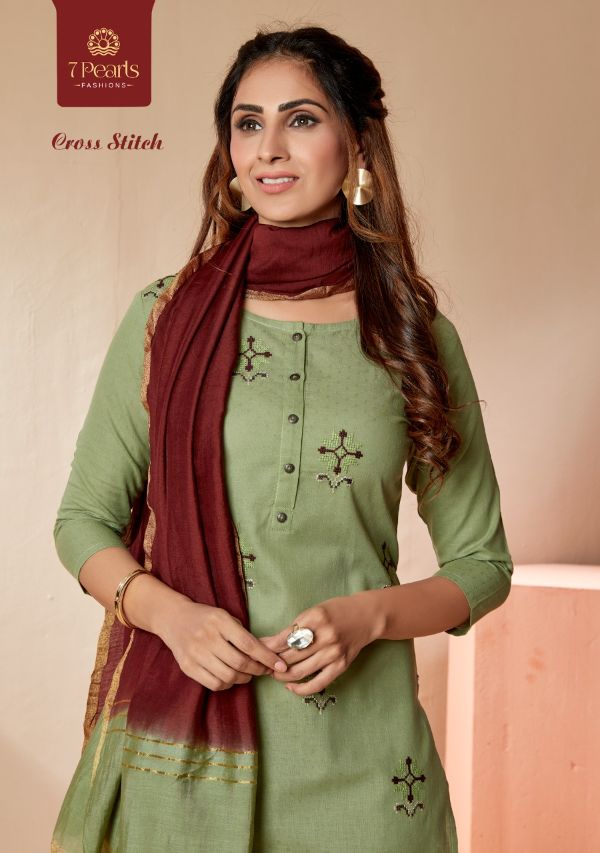 7 Pearls Presnets  Cross Stitch Pure Cotton With Embroidery Work And Other Trims Long Straight Kurtis And Pants Wholesale Rate In Surat - Sai Dresses