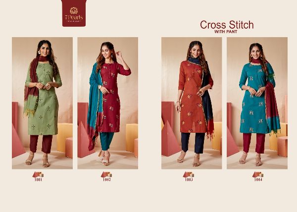 7 Pearls Presnets  Cross Stitch Pure Cotton With Embroidery Work And Other Trims Long Straight Kurtis And Pants Wholesale Rate In Surat - Sai Dresses