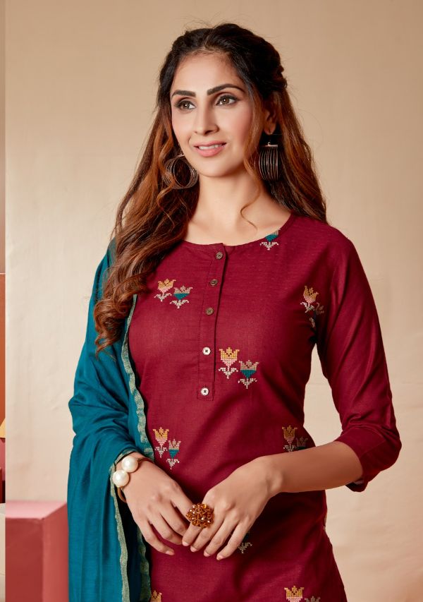 7 Pearls Presnets  Cross Stitch Pure Cotton With Embroidery Work And Other Trims Long Straight Kurtis And Pants Wholesale Rate In Surat - Sai Dresses