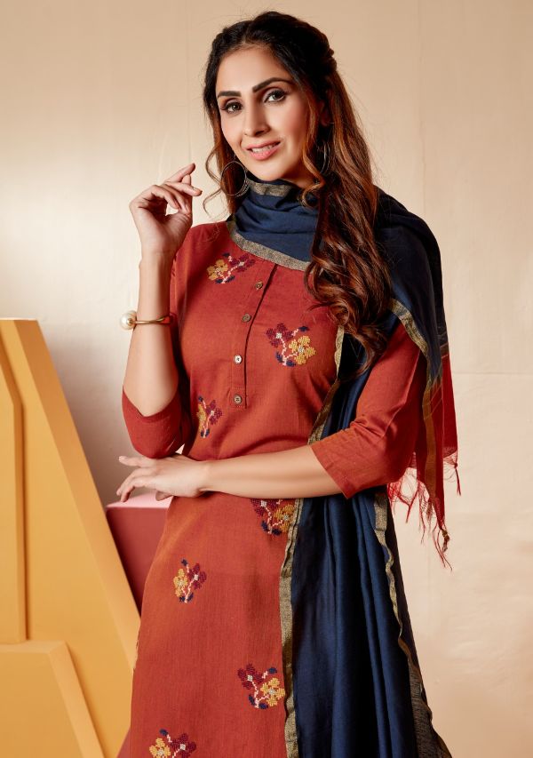 7 Pearls Presnets  Cross Stitch Pure Cotton With Embroidery Work And Other Trims Long Straight Kurtis And Pants Wholesale Rate In Surat - Sai Dresses